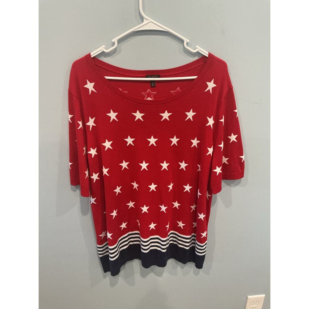Talbots Red Star Print Short Sleeve Sweater with Navy Stripe Hem